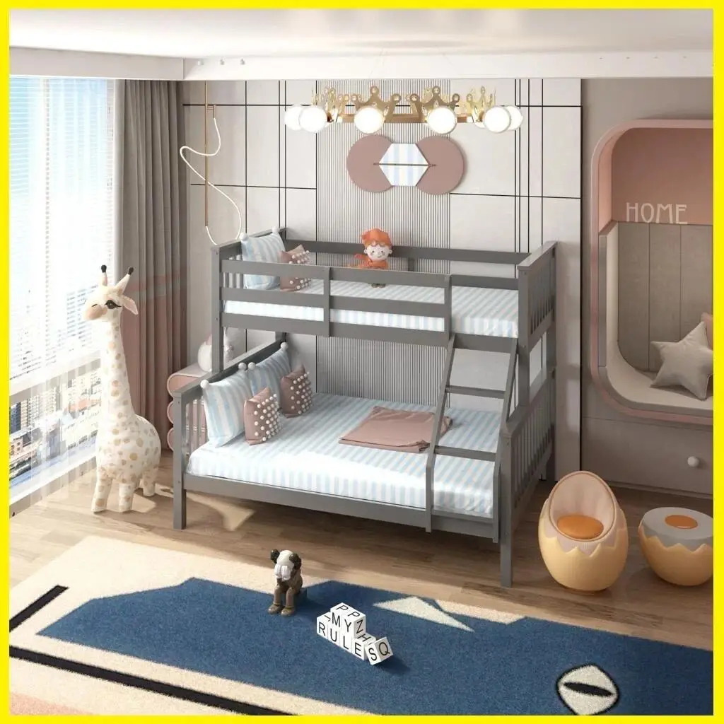 Single Wooden Bunk Bed For Kids In Grey And White