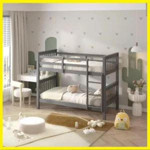 Single Wooden Bunk Bed For Kids In Grey And White