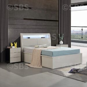Ottoman Storage Bed – Wooden High Gloss Rugby Bed with LED Light
